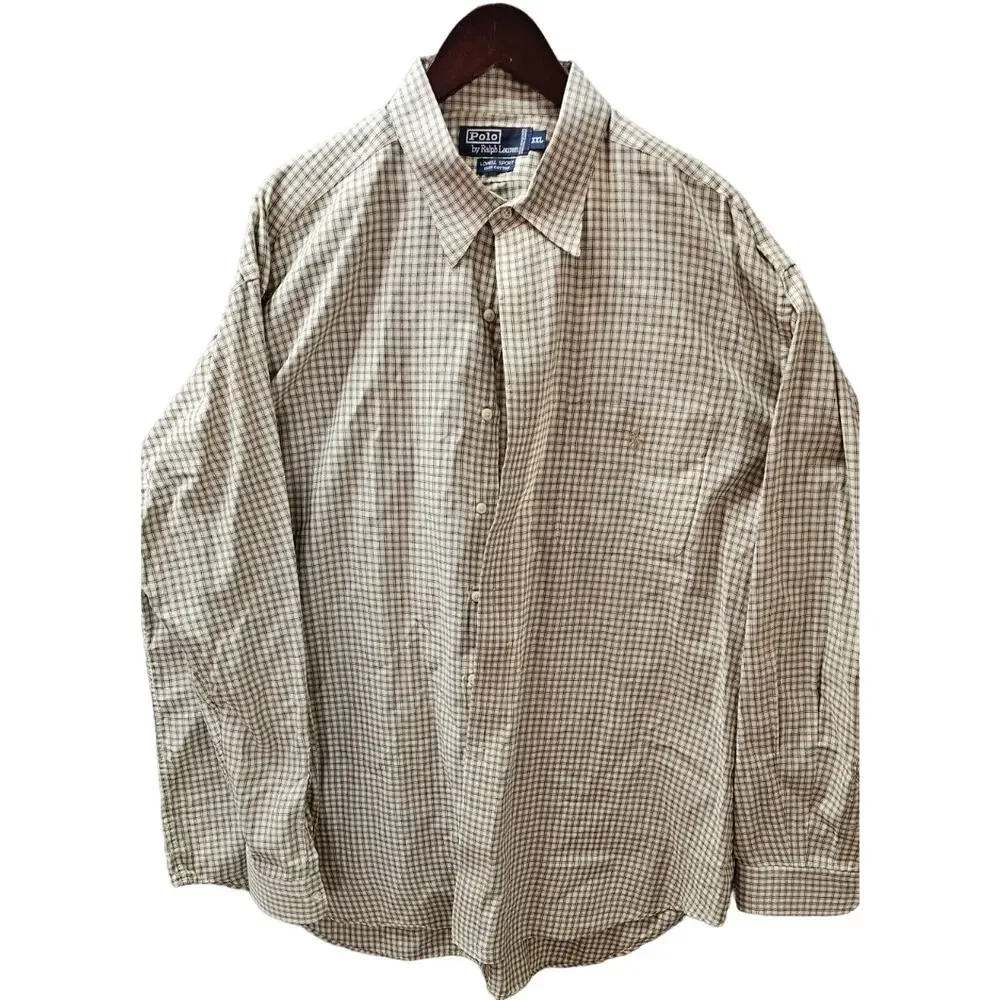 Polo Ralph Lauren Tan Black Micro Plaid Lowell Sport Cotton L/S Casual Shirt XXL